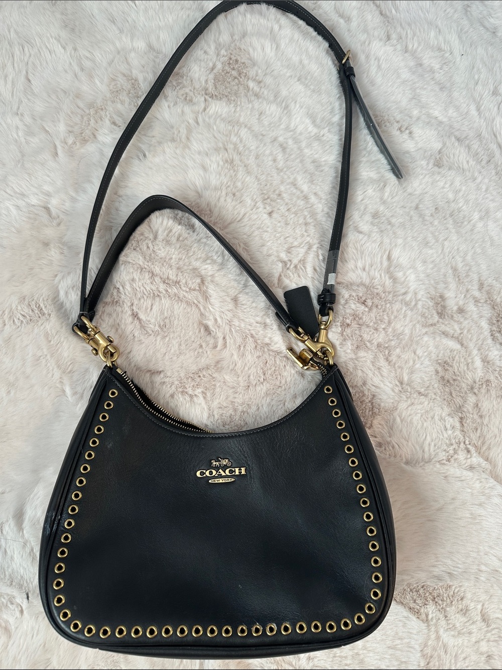 Coach Black Leather Shoulder Bag with Gold Grommet Trim